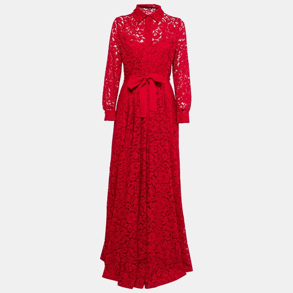 Carolina Herrera Red Floral Lace Belted Maxi Shirt Dress Size 0 NWT
